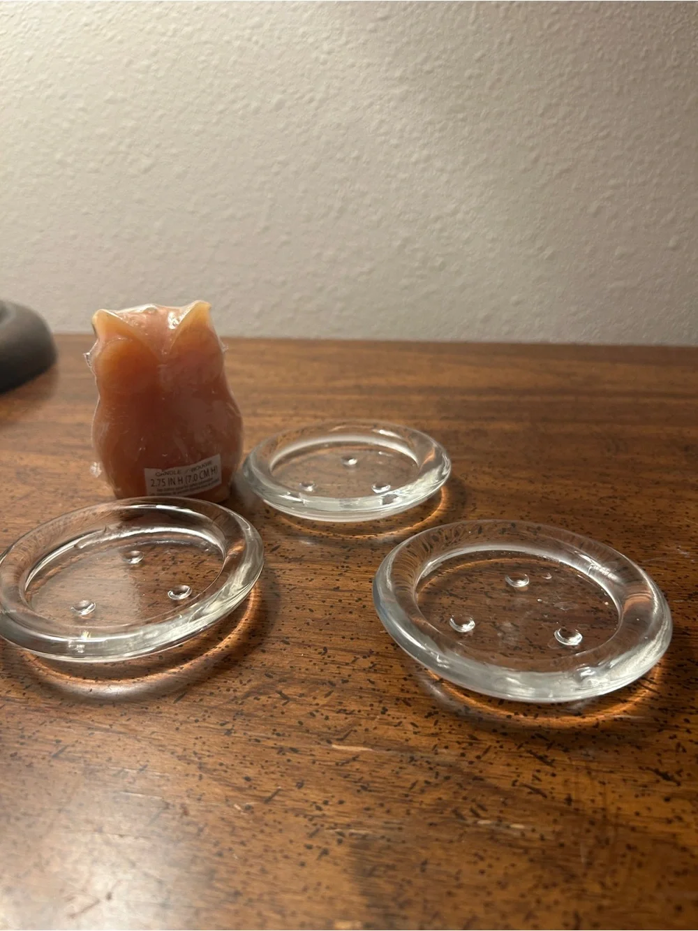Pier One Set of 3 Clear Glass Tea Light Holders with Owl Shaped Candle